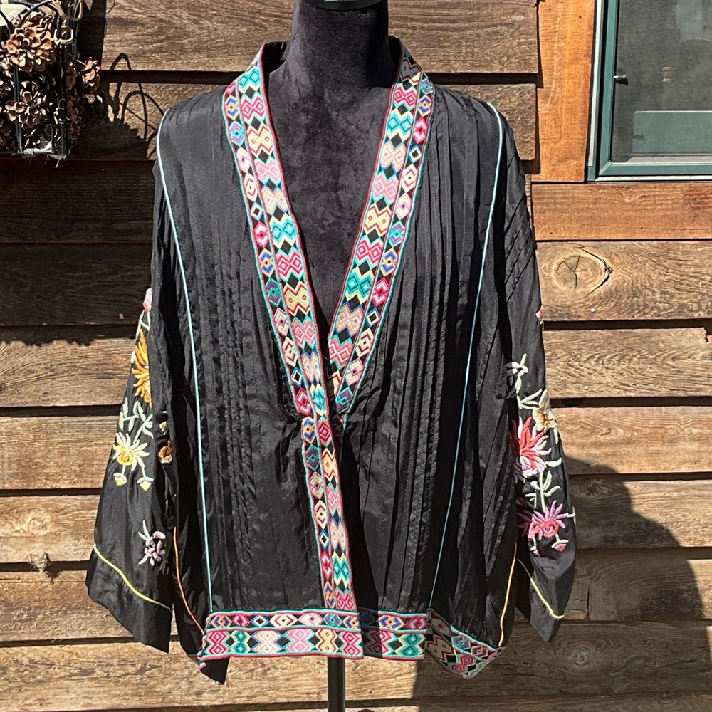 Johnny Was Black Silk Embroidered Boho Kimono Jacket with Multicolor Trim